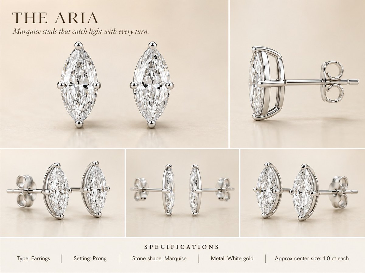 The Aria — Marquise earrings in white gold, shown from multiple angles
