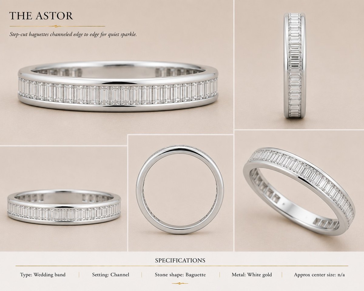 The Astor — Baguette wedding band in white gold, shown from multiple angles