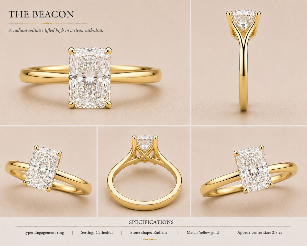 The Beacon — Radiant engagement ring in yellow gold, shown from multiple angles