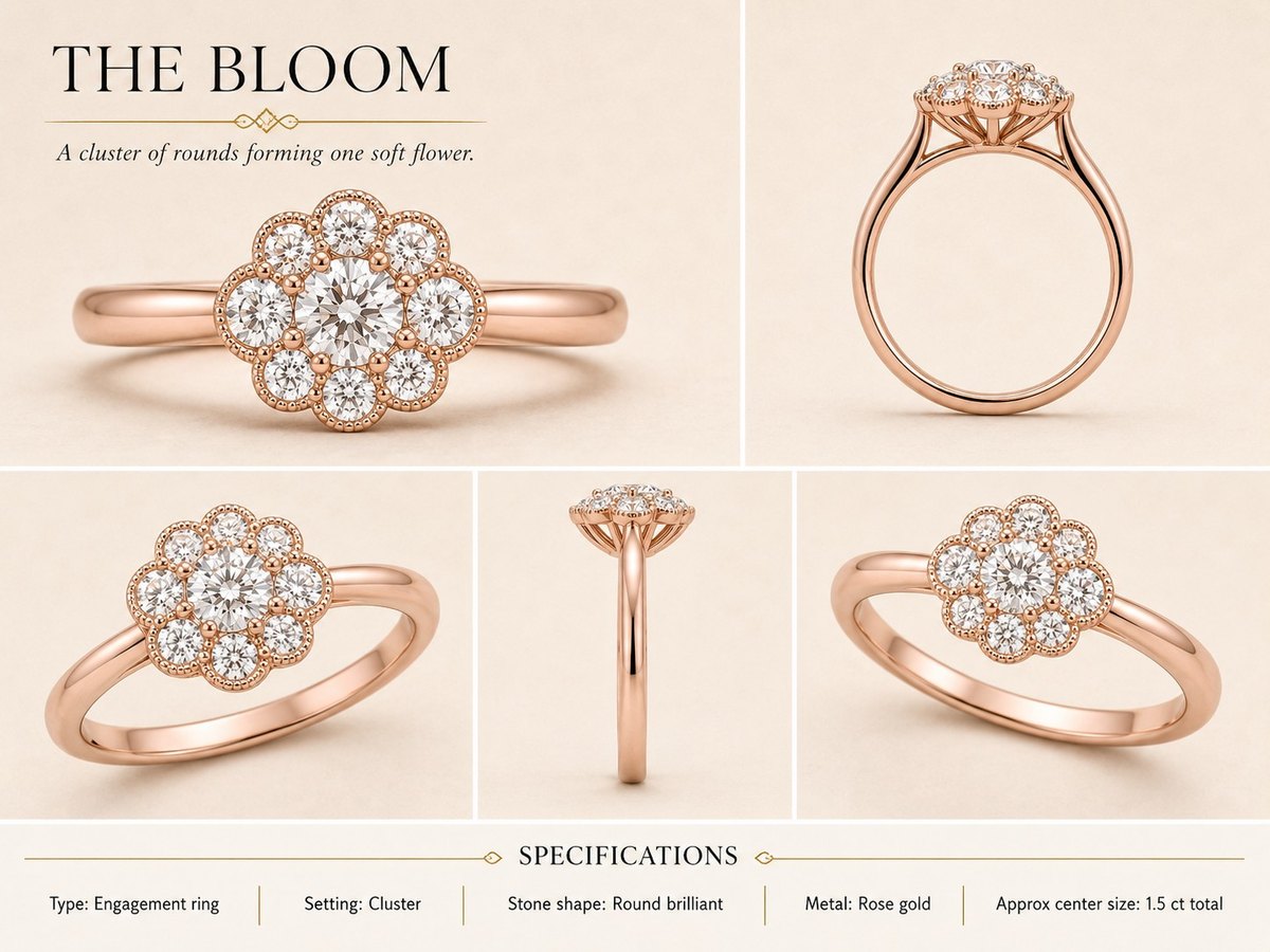 The Bloom — Round brilliant engagement ring in rose gold, shown from multiple angles