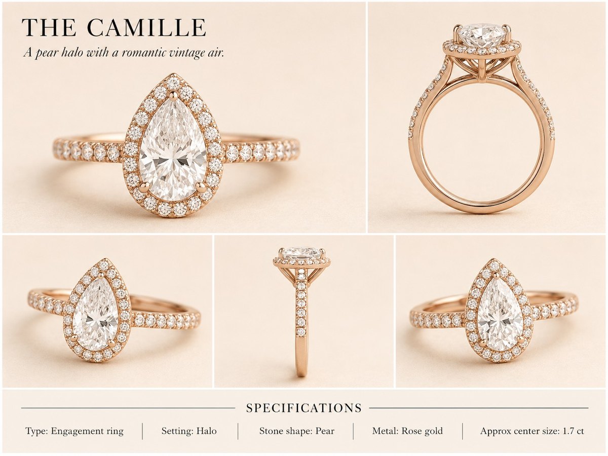 The Camille — Pear engagement ring in rose gold, shown from multiple angles