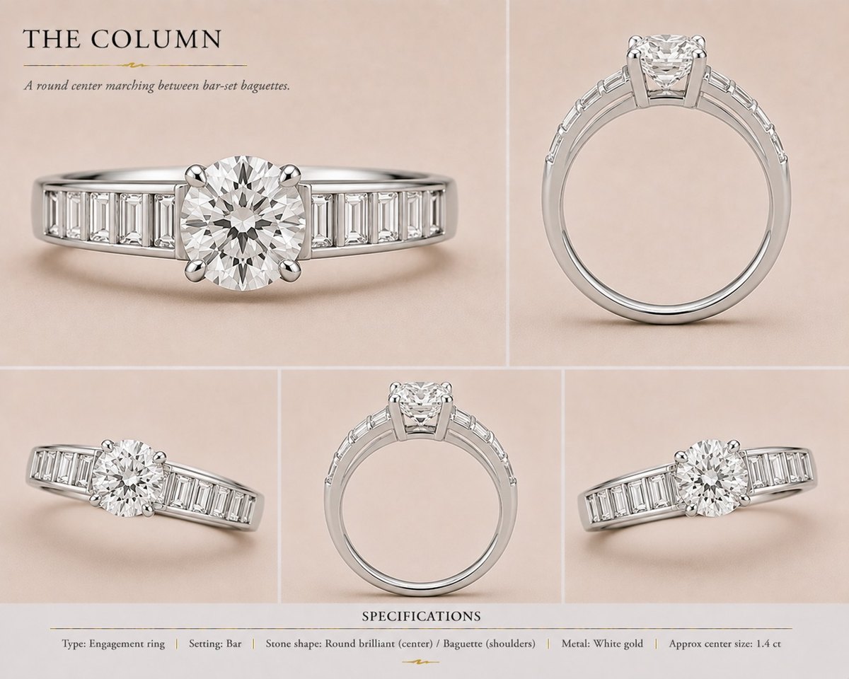 The Column — Round & baguette engagement ring in white gold, shown from multiple angles