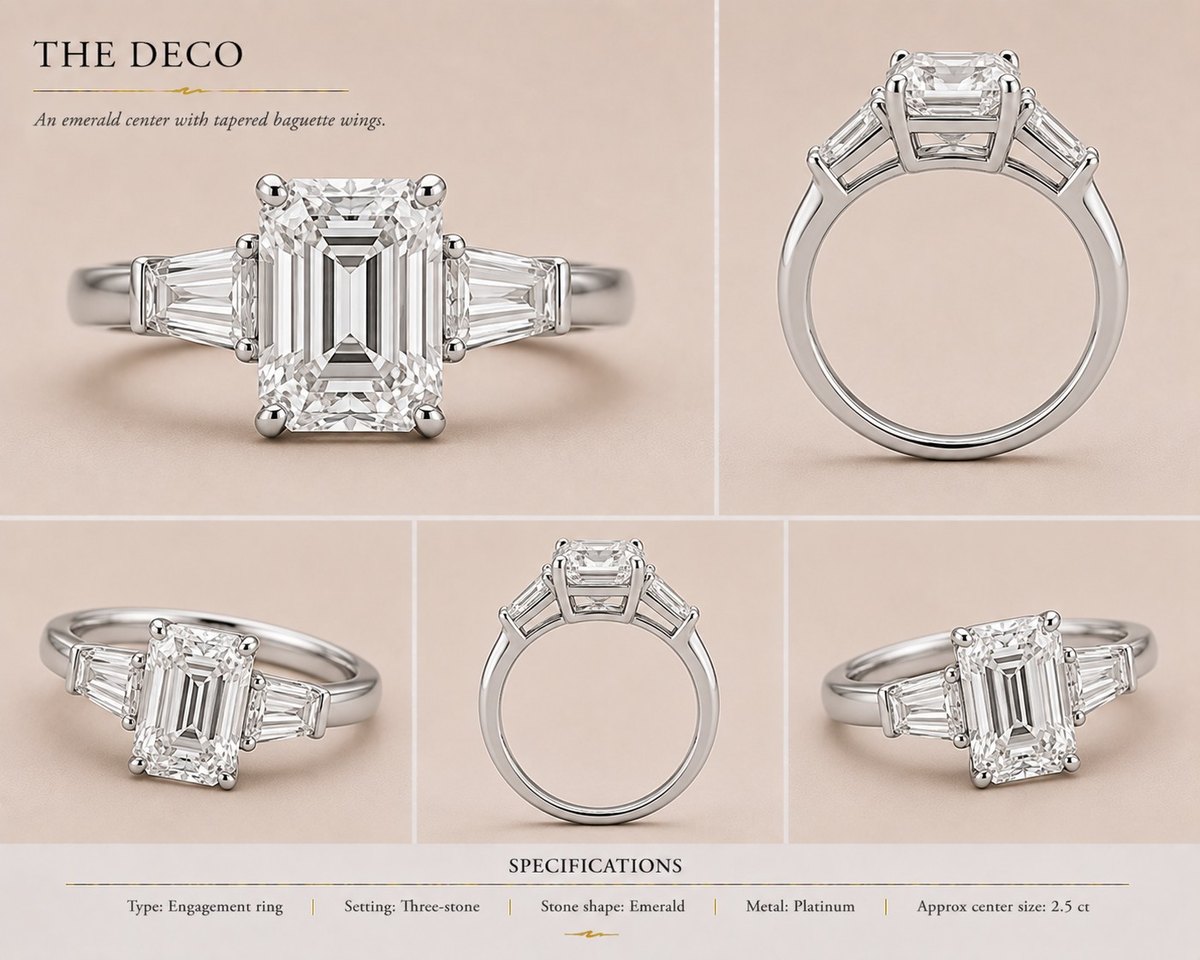 Emerald-cut three-stone engagement ring in platinum