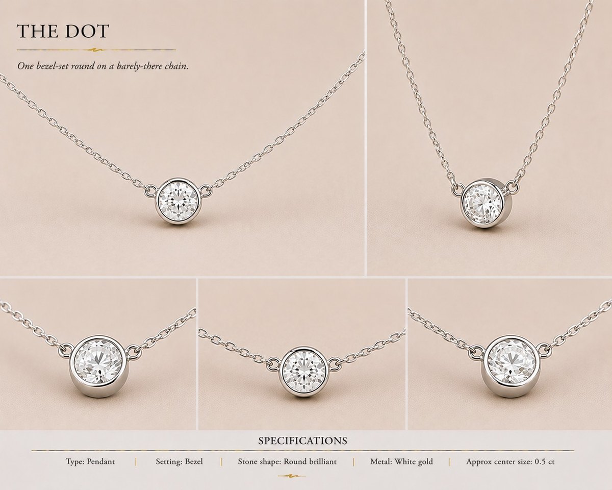 The Dot — Round brilliant pendant in white gold, shown from multiple angles