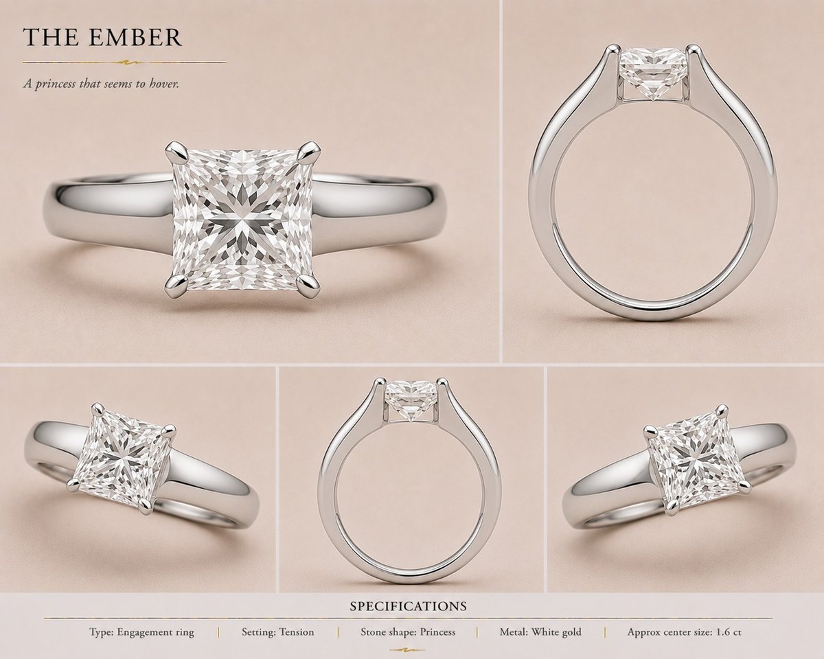 The Ember — Princess engagement ring in white gold, shown from multiple angles