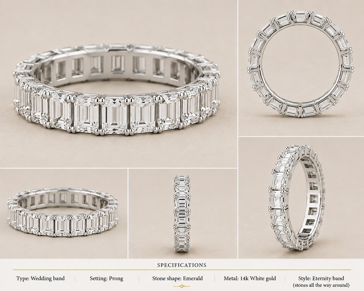Emerald Eternity Band — Emerald wedding band in 14k white gold, shown from multiple angles