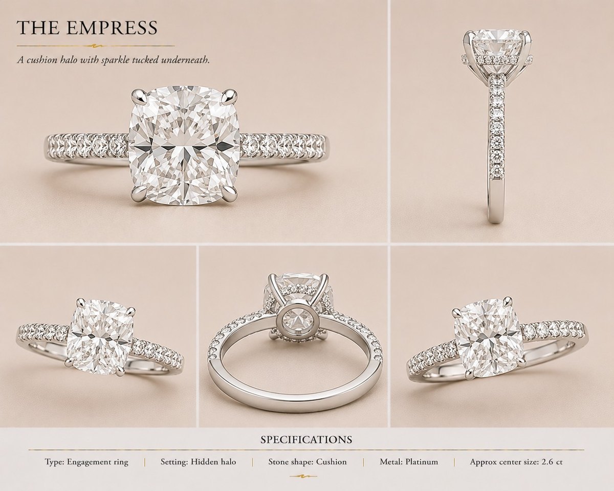 The Empress — Cushion engagement ring in platinum, shown from multiple angles