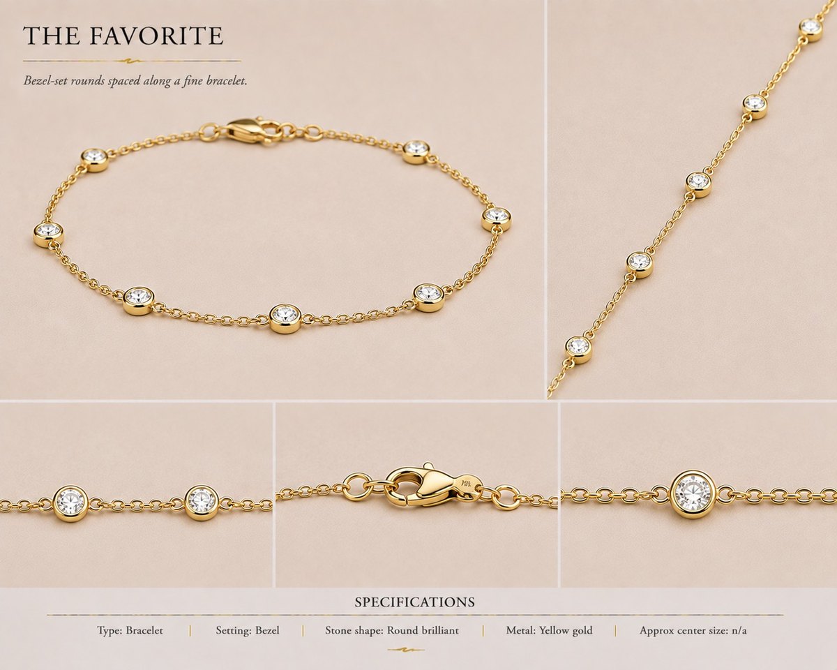 The Favorite — Round brilliant bracelet in yellow gold, shown from multiple angles