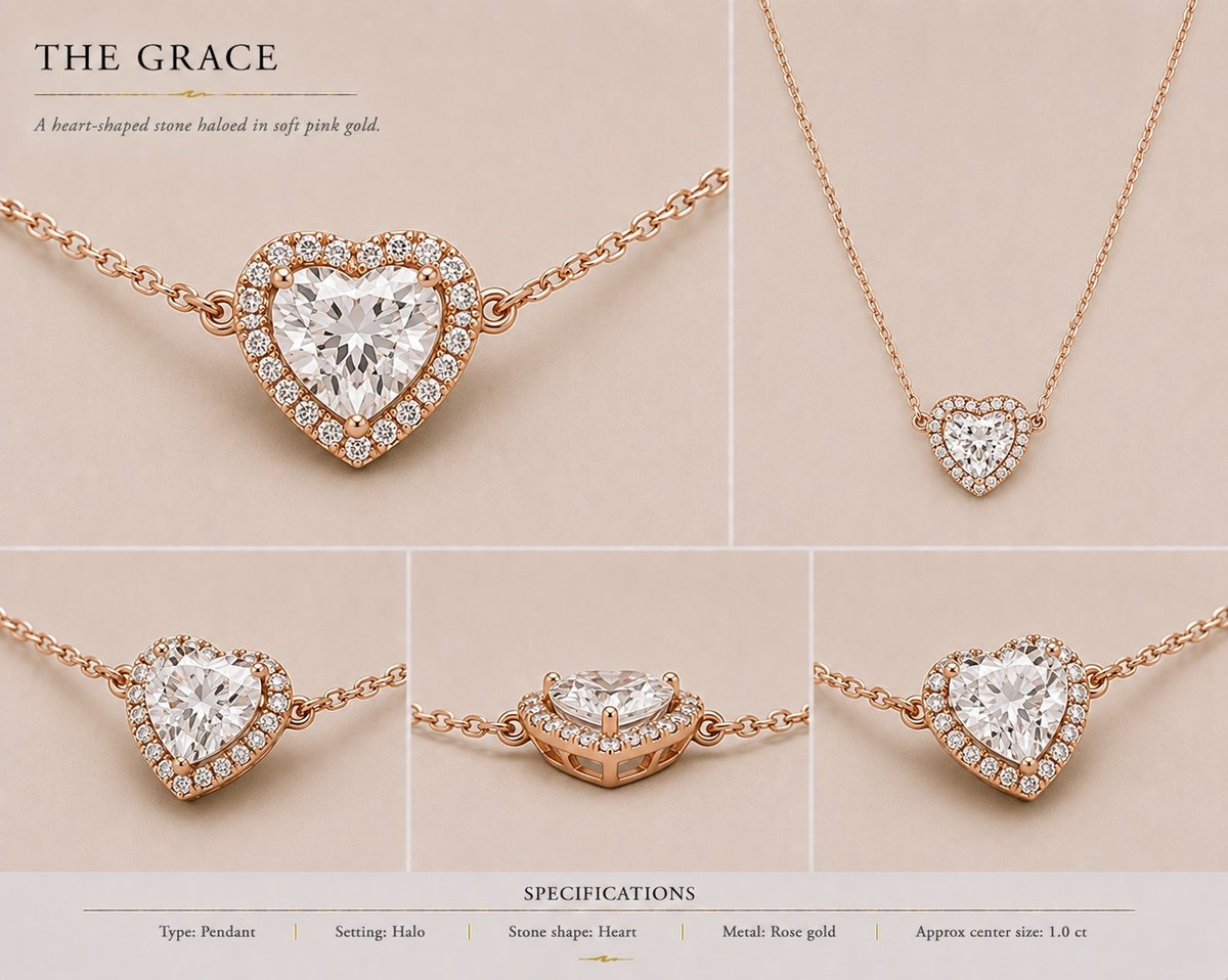 Heart-shaped halo pendant in rose gold