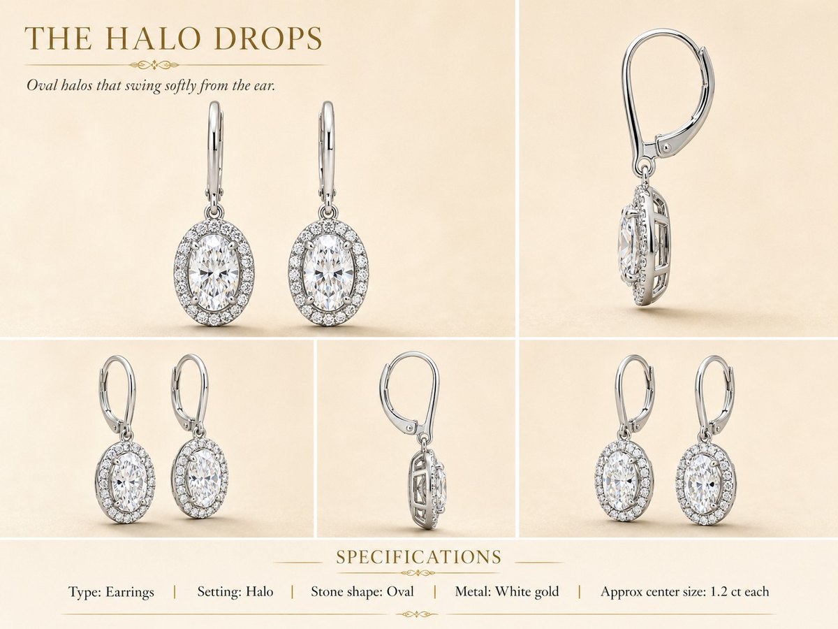 The Halo Drops — Oval earrings in white gold, shown from multiple angles