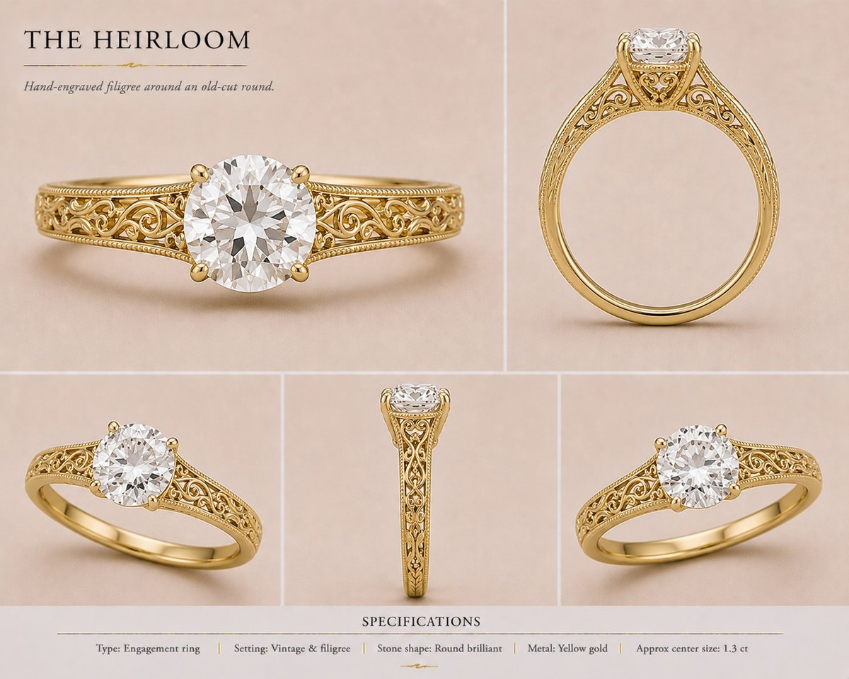 Vintage filigree engagement ring in yellow gold