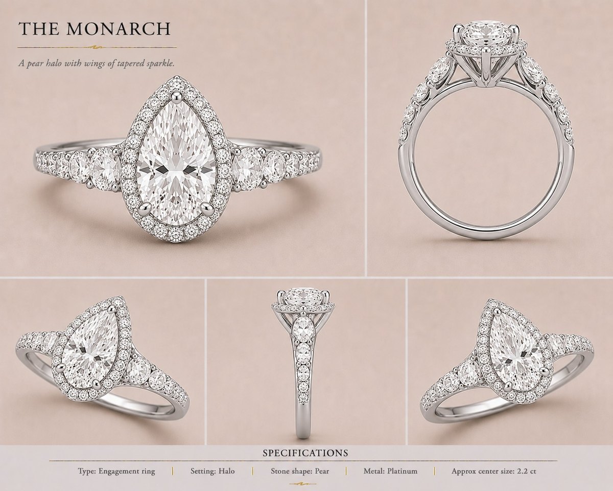 Pear halo engagement ring in platinum
