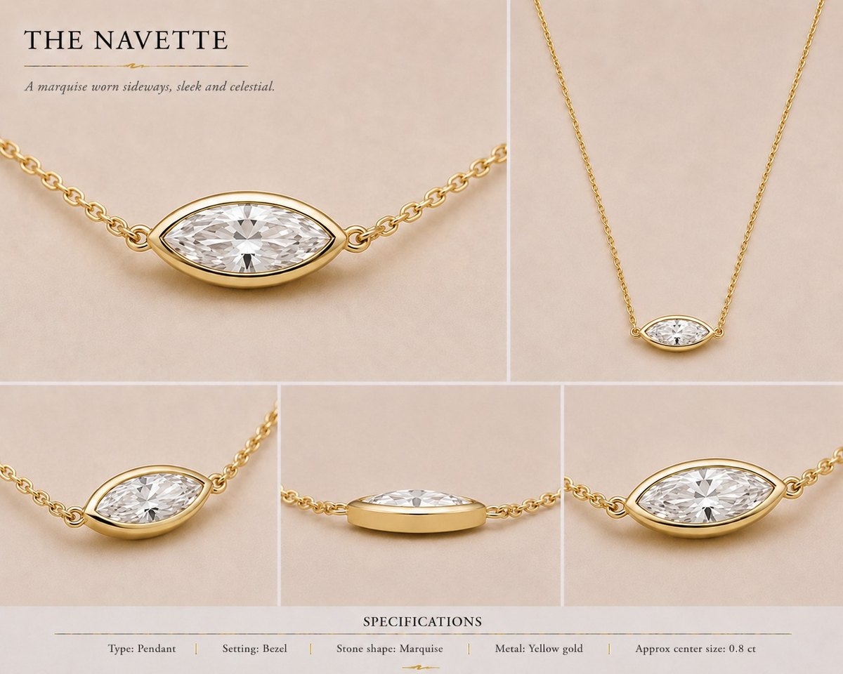 The Navette — Marquise pendant in yellow gold, shown from multiple angles