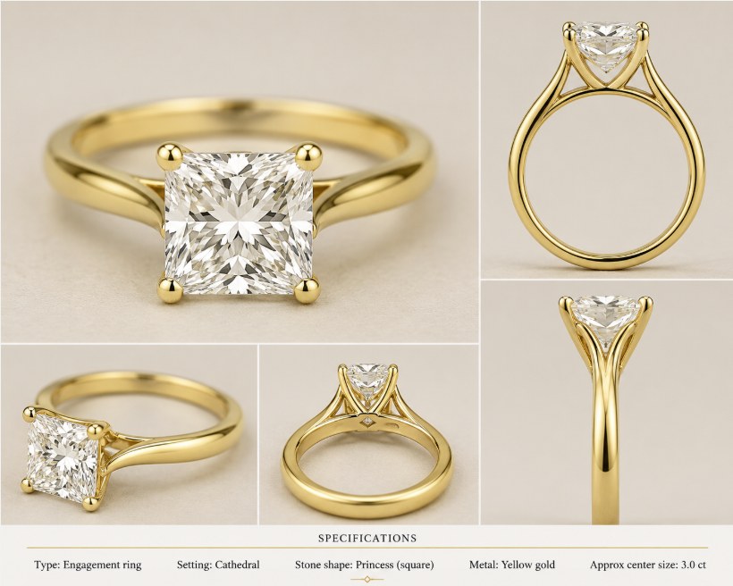 Princess Cathedral Solitaire — Princess engagement ring in yellow gold, shown from multiple angles