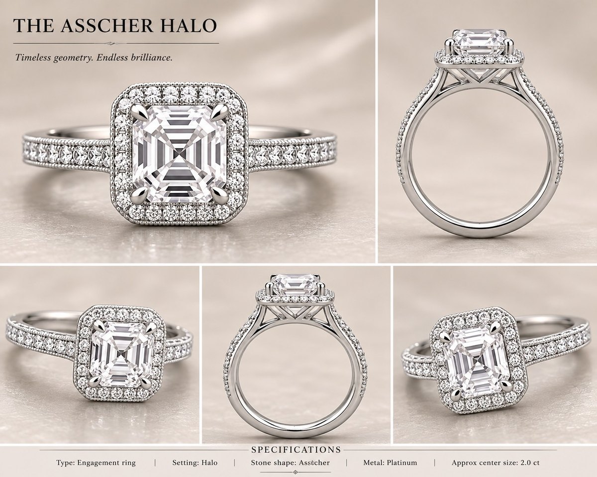 The Regent — Asscher engagement ring in platinum, shown from multiple angles