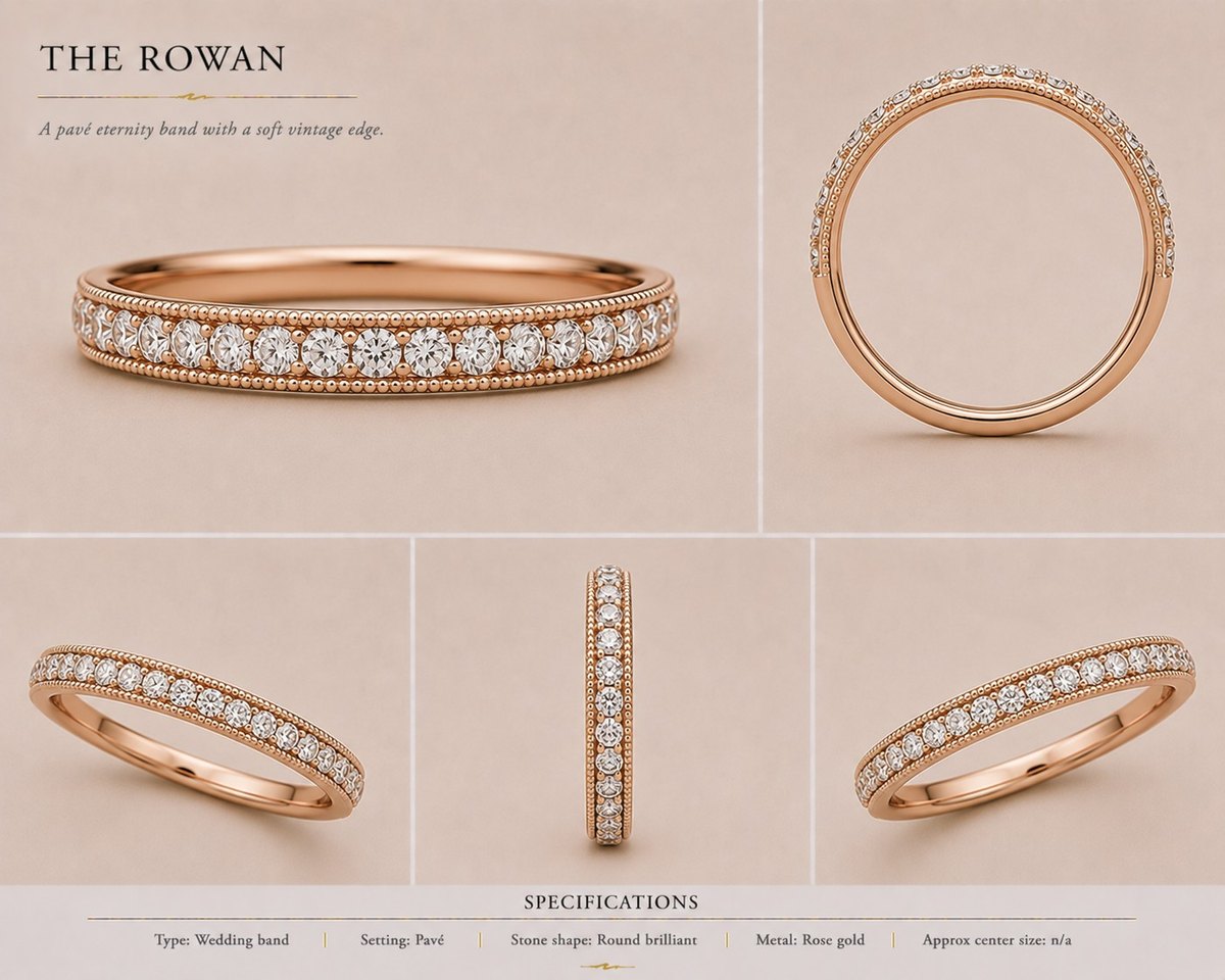 The Rowan — Round brilliant wedding band in rose gold, shown from multiple angles