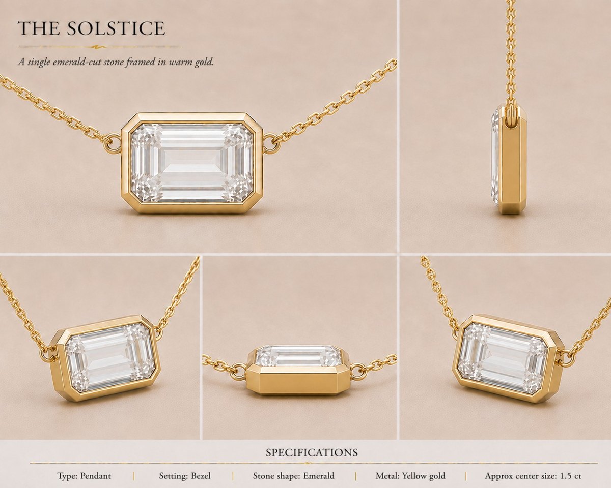 The Solstice — Emerald pendant in yellow gold, shown from multiple angles