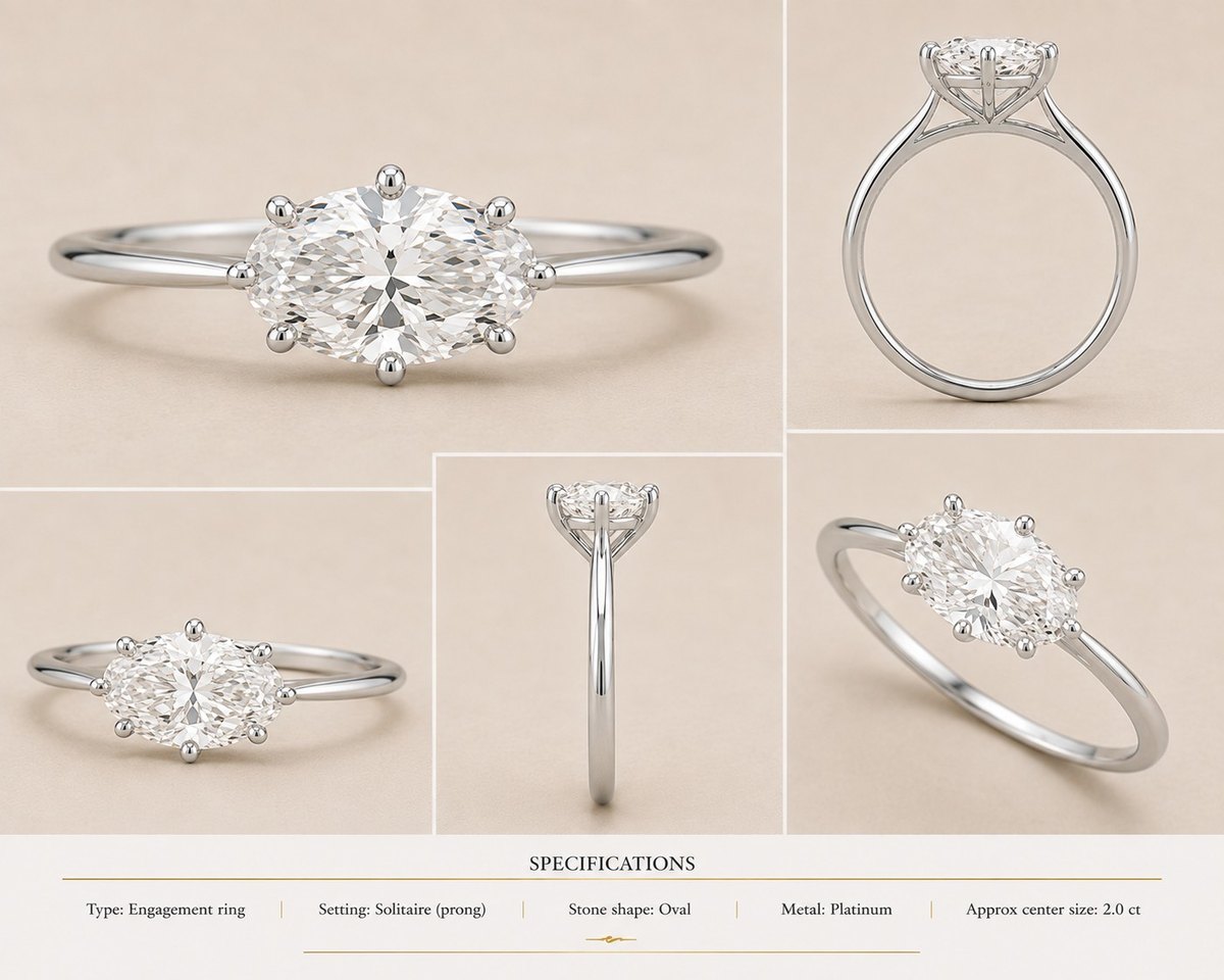 The Willow — Oval engagement ring in platinum, shown from multiple angles