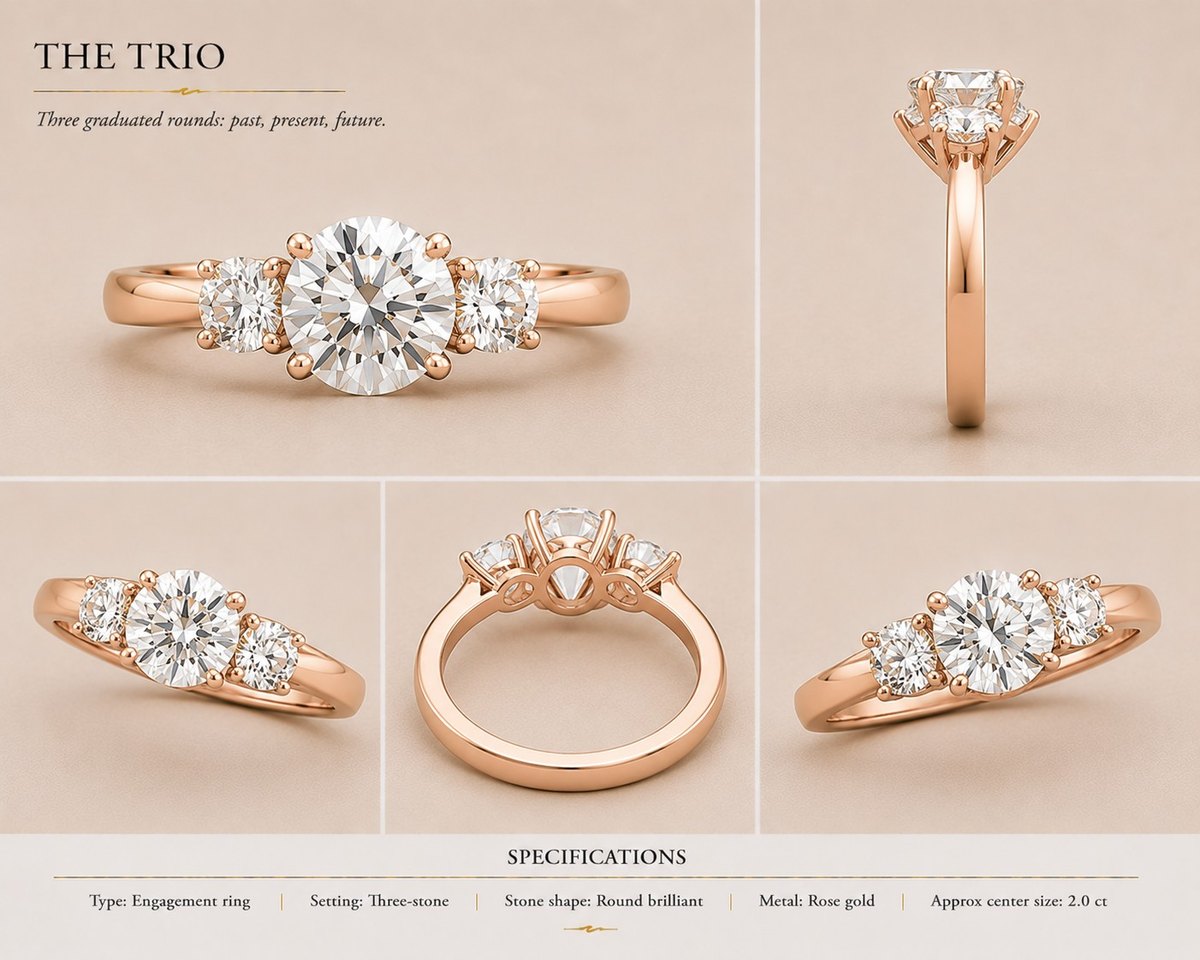 The Trio — Round brilliant engagement ring in rose gold, shown from multiple angles